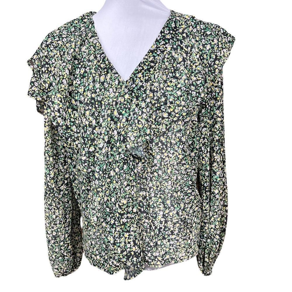 Topshop Blouse V Neck Floral Print White Black Yellow Green Ruffle Front Size 2